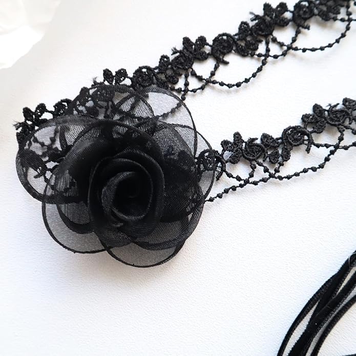 Black Choker Camellia Flower Lace-up Necklace For Women