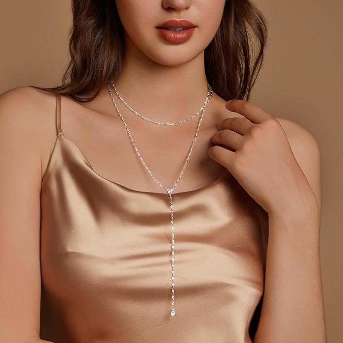 Luxval Lariat Gold Necklace for Women, Dainty Long Necklace 14k Gold Plated/Silver Y-Shaped Pendant Necklaces Trendy Beaded Chain Drop Necklaces Jewelry for Women Gifts