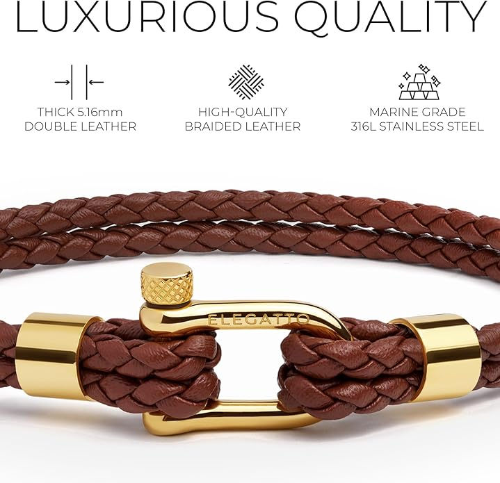 Elegatto Helix Premium Vintage Leather Bracelet for Men | Double Black Leather Strands with Sterling Silver Polished Mini Shackle Closure | Men’s Designer Jewelry