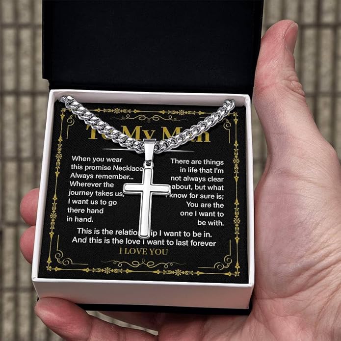 FLAGISTA To My Man Cross Necklace, Stainless Steel Cross Pendant with Adjustable Cuban Link Chain, Meaningful Gift for Him.