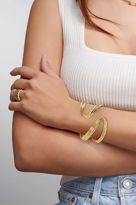 Gold Cuff Bracelet for Women Chunky Multi-layer Cross Wire Open Bracelet Hollow Wide Cuff Bracelets Adjustable Gold Open Cuff Bangle Bracelet