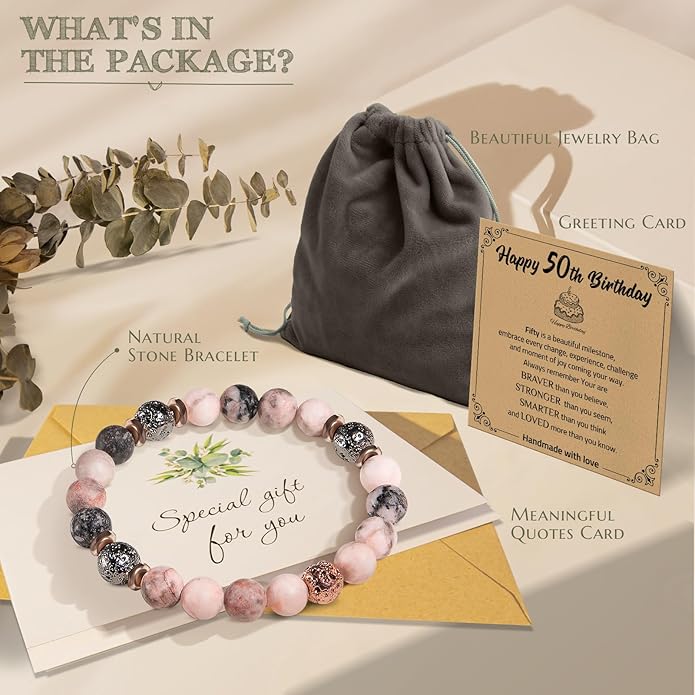 30th 40th 50th 60th 70th 80th Birthday Gifts for Women, Natural Stone Bracelet Birthday Gifts for Mom Daughter Grandma Sister Friends Coworker