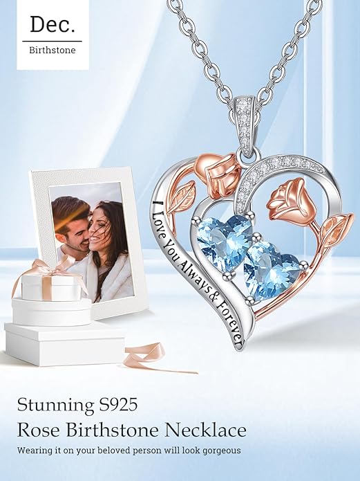 Zeuslia Double Birthstone Necklace Gifts for Wife - 925 Sterling Silver Sunflower/Rose/Crown Cross/Compass/Heart Pendant I Love You Necklace, Anniversary Birthday Gifts for Wife Girlfriend Mom Her