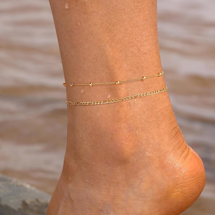 Ritach Ankle Bracelets for Women - Silver/Gold Plated Stainless Steel Anklets for Women Waterproof Layered Cuban Link Figaro Chain Heart Anklets Set Summer Beach Jewelry Gifts