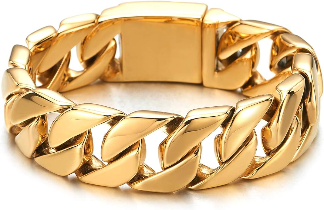 COOLSTEELANDBEYOND Mens Stainless Steel Large Curb Chain Link Bracelet Solid Curb Chain Wristband Biker Punk Jewelry Masculine Accessory