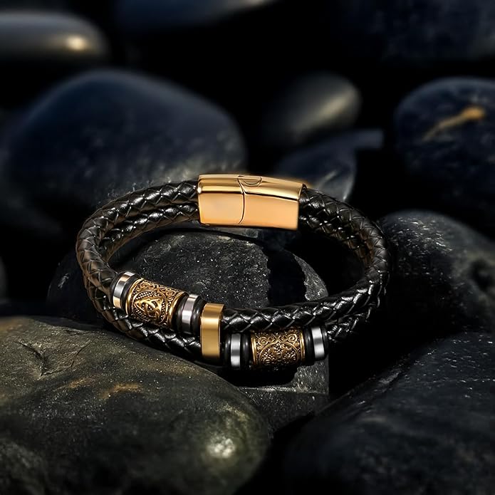 Viking Leather Bracelet For Men Balck Cool Handmade Stackable Jewelry, Faith and Courage Bangle Bracelets