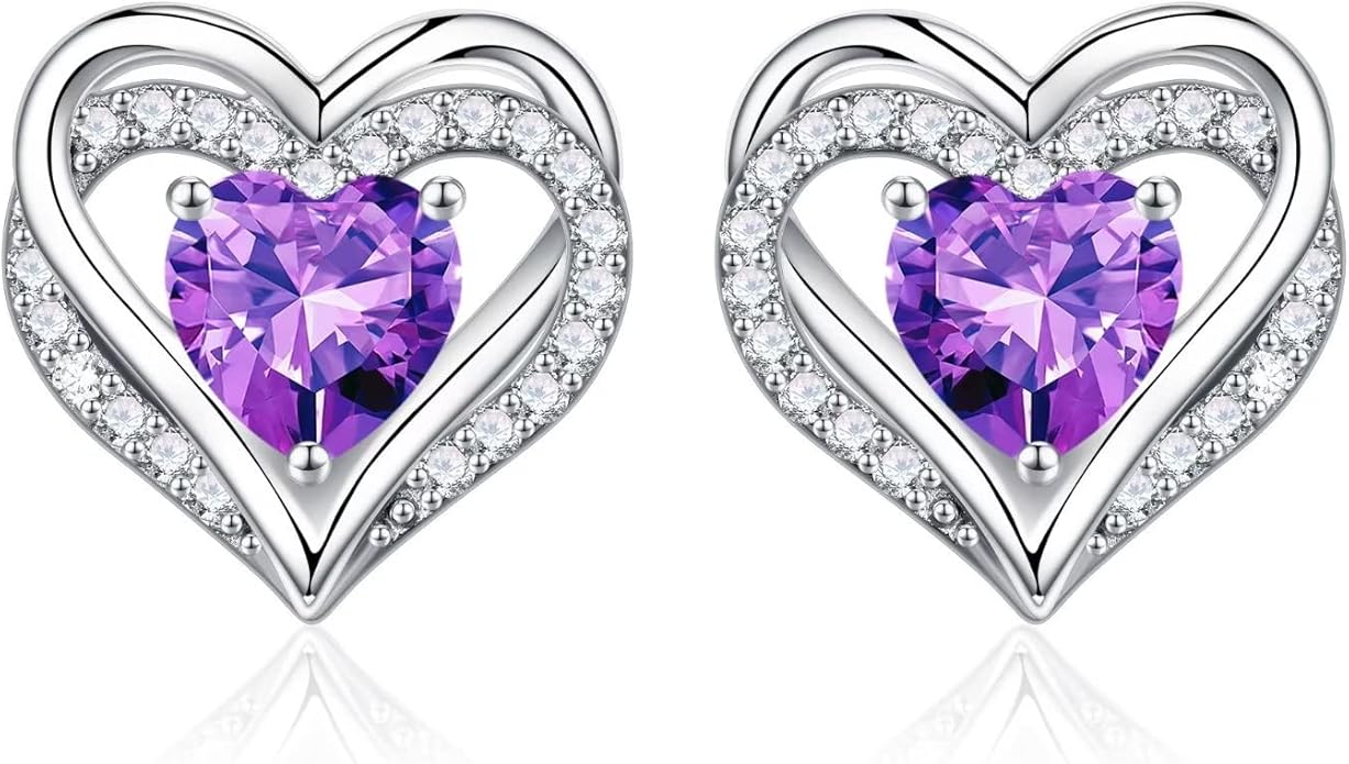 Iefil Birthstone Earrings for Women, 925 Sterling Silver Heart Stud Earrings Birthday Gifts for Women