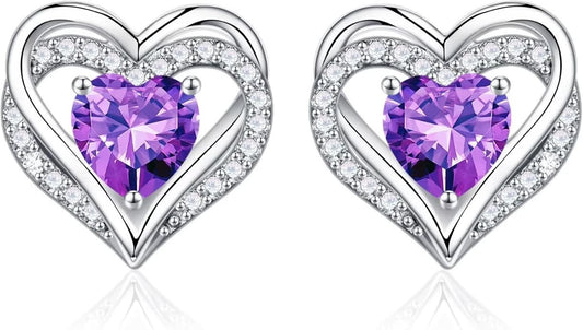 Iefil Birthstone Earrings for Women, 925 Sterling Silver Heart Stud Earrings Birthday Gifts for Women