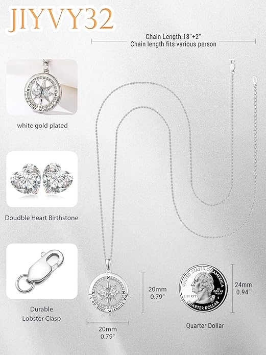 Compass Birthstones Necklace for Women, Exquisite Anniversary Birthday Gifts for Wife Her Double Birthstone Pendant jewelry ‘I'd be Lost Without You’