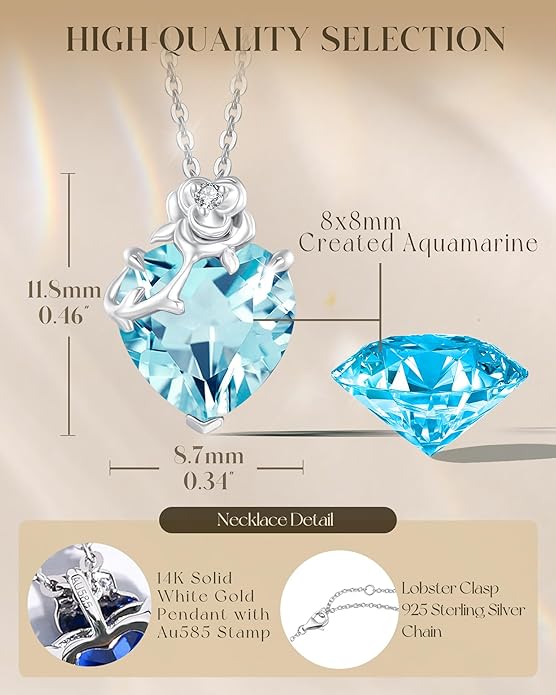 FANCIME 14K Solid White Gold Rose Pendant with Sterling Silver Chain Heart Birthstone Gemstone Fine Jewelry Christmas Gifts for Women Her