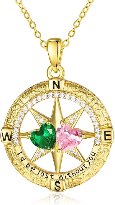 Zeuslia Double Birthstone Necklace Gifts for Wife - 925 Sterling Silver Sunflower/Rose/Crown Cross/Compass/Heart Pendant I Love You Necklace, Anniversary Birthday Gifts for Wife Girlfriend Mom Her