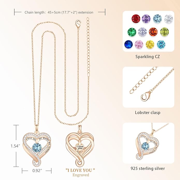Birthstone Heart Necklaces for Women, Infinity Pendent S925 Sterling Silver Jewelry for Women, Wedding Anniversary, Birthday Mother’s Day Gifts for Mom, Mother, Wife, Girlfriend
