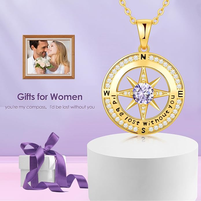 Zifeel Compass Necklace Gifts for Women wife - S925 Sterling Silver Birthstone Necklaces for Women - Anniversary Birthday Gifts for Her Wife Girlfriend - Valentines Mom Mothers Day Christmas Gifts Jewelry for Women