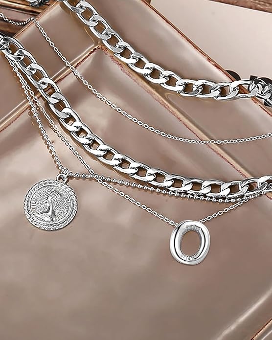 MJartoria Layered Necklaces for Women Trendy Balloon Initial Coin Pendant Necklace Dainty Chunky Chain Choker Necklaces Jewelry Birthday Gifts