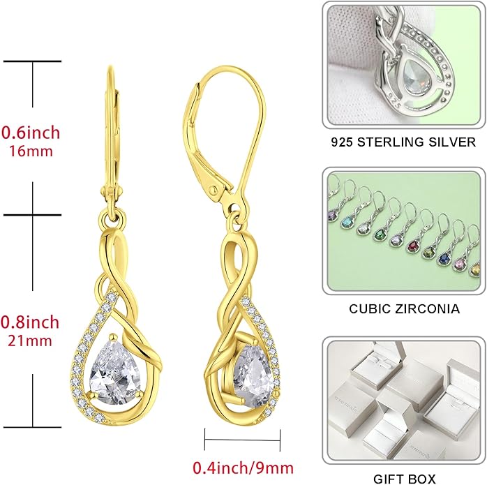STARCHENIE Dangle & Drop Earrings Infinity Twisted Pendant Necklace 925 Sterling 14K Gold Plated Cubic Zirconia Jewelry Set for Women