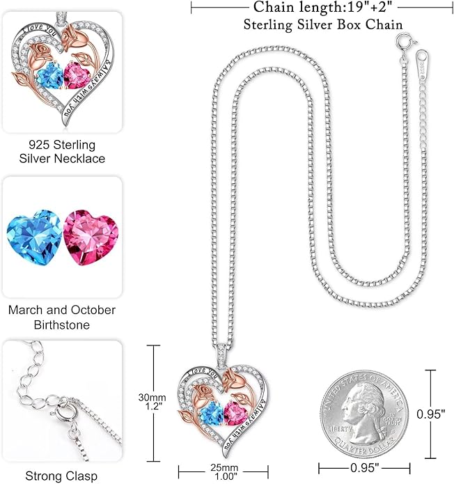 Iefil Birthstone Necklace for Women - 925 Sterling Silver Rose Heart Birthstone Necklace Birthday Anniversary Jewelry Gifts for Her Wife Mom Daughter