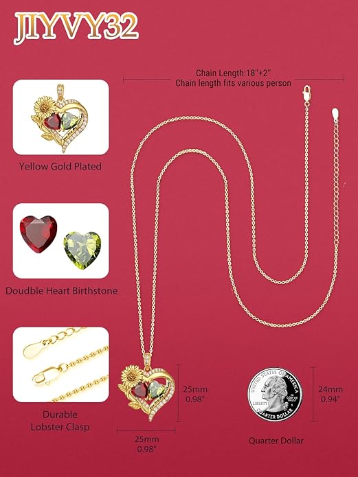 Sunflower Heart Necklace for Women 14K Gold Exquisite Anniversary Birthday Gifts for Wife Mother Her Double Birthstone Pendant jewelry‘You Are My Sunshine’