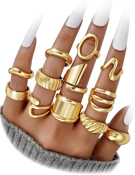 17 MILE Chunky Gold Stackable Rings for Women Non Tarnish, 18K Gold-Plated Statement Open Stacking Rings, Knuckle Band Ring Set