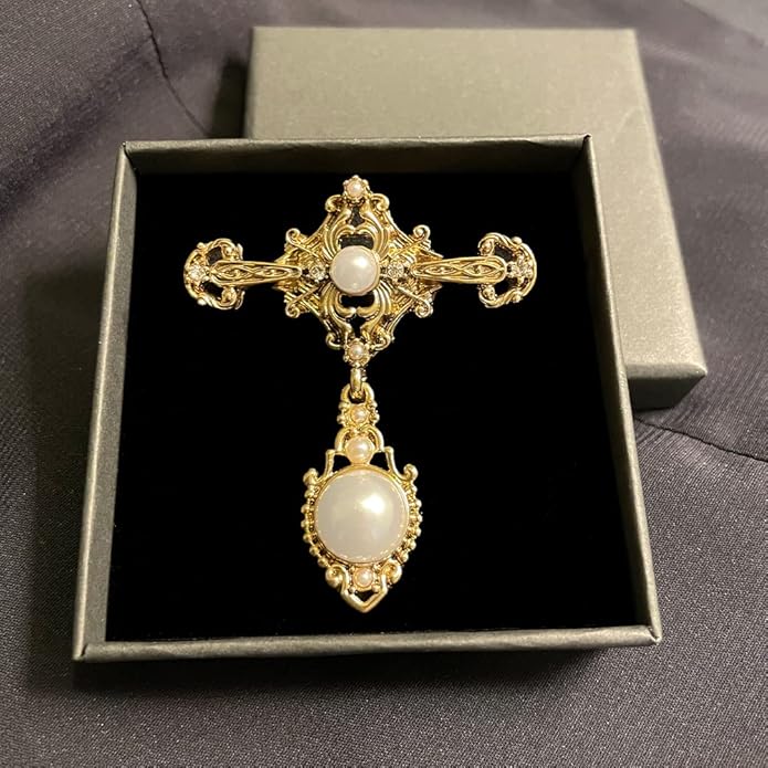 Gold Vintage Pearl Brooch for Women Girls Retro Accessories Elegant Baroque Pin Dress Coat Sweater Suit Party Wedding Gifts Victorian Brooch Pin Bridal Jewelry Cross Brooch