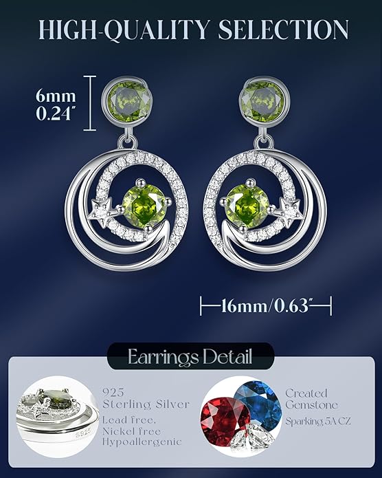 FANCIME Dangle Drop Earrings 925 Sterling Silver Moon Star Round Gemstone Birthstone Jewelry Birthday Christmas Gifts for Her Women
