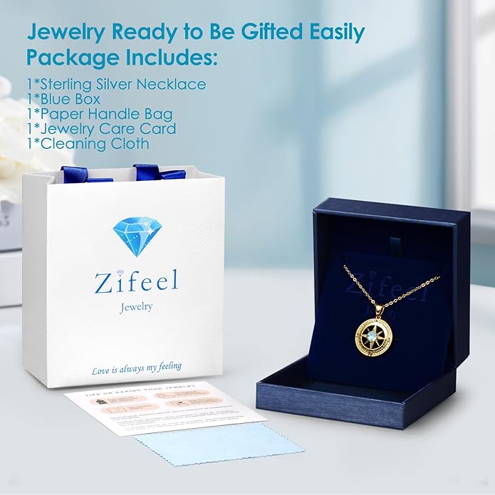 Zifeel Compass Necklace Gifts for Women wife - S925 Sterling Silver Birthstone Necklaces for Women - Anniversary Birthday Gifts for Her Wife Girlfriend - Valentines Mom Mothers Day Christmas Gifts Jewelry for Women