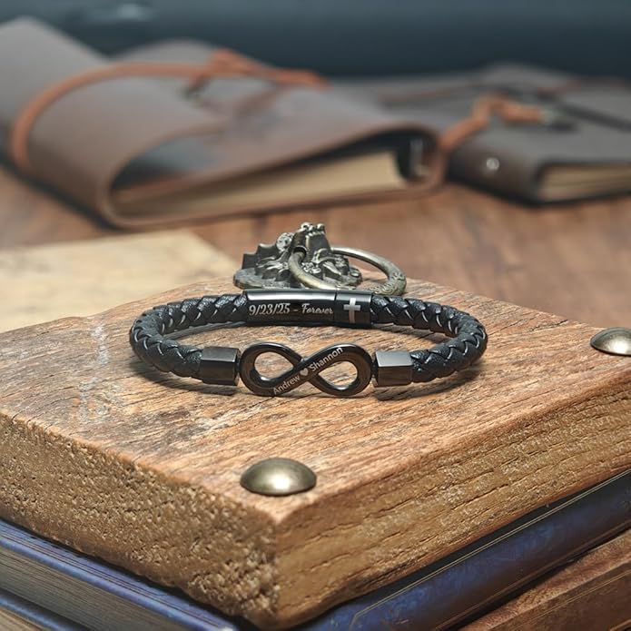 To My Man, Personalized Dual Name Infinity Leather Bracelet, Custom Name Text and Symbol Stainless Steel Braided Bracelet for Men/Women, for Xmas, Birthday, Anniversary, Valentine