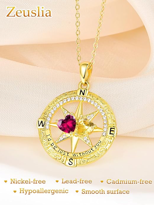 Zeuslia Double Birthstone Necklace Gifts for Wife - 925 Sterling Silver Sunflower/Rose/Crown Cross/Compass/Heart Pendant I Love You Necklace, Anniversary Birthday Gifts for Wife Girlfriend Mom Her