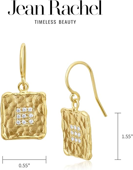 JEAN RACHEL JEWELRY 14K Gold Plated Sterling Silver Earrings for Women - Square with Cubic Zirconia Vintage Design - Hypoallergenic, Lead & Nickel Free - Artisan Handcrafted Statement Earrings