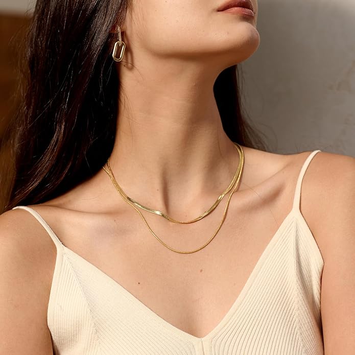 CHESKY 14K Gold/Silver Plated Snake Chain Necklace Herringbone Necklace Gold Choker Necklaces for Women Gifts Jewelry 1.5/3/5MM(W) 14"/16"(L)