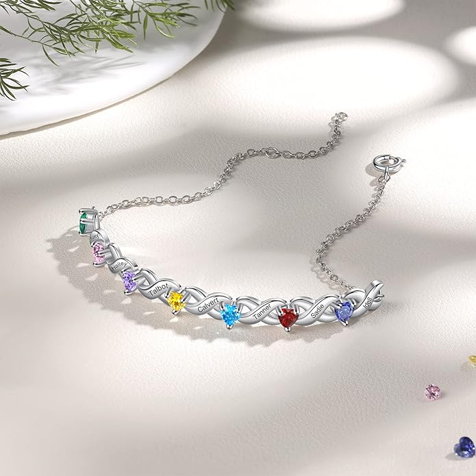 Personalized Custom Name Heart Bracelet with 1-6 Birthstone Bracelets for Women Engraved Family Names Link Bracelets for Mother's Day Mom Daughter