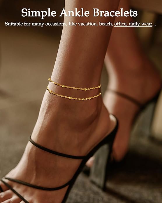 FUNEIA Gold Silver Ankle Bracelets for Women Waterproof 14K Gold Plated Anklets for Women Non Tarnish Dainty Layered Beaded Heart Anklet Set Summer Beach Foot Chain Jewelry Gifts Trendy Stuff
