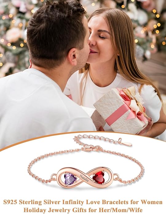 Custom4U Personalized Infinity Love Symbol Link Bracelets for Women 925 Sterling Silver Birthstone Bracelet Adjustable Engraved Chain Christmas Mother's Day Birthday Jewelry Gifts for Mom Her