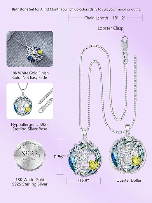 TOUPOP s925 Sterling Silver Family Celtic Tree of Life Pendant Necklaces with 2 Heart Birthstone with Blue Austrian Crystal Jewelry Birthday Anniversary Christmas Gifts for Her Wife Girlfriend Mom (18K Real White Gold Filled)