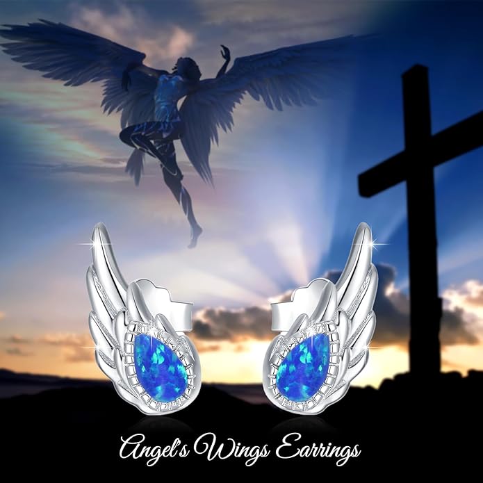 Sterling Silver Opal and Moonstone Angel Earrings Studs by Angel Jewelry