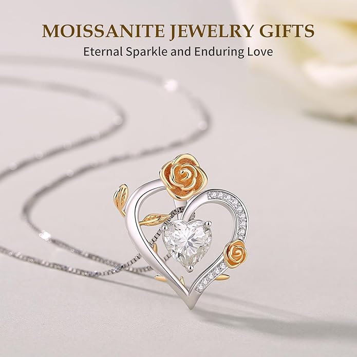 Moissanite Heart Necklaces for Women, 18K White Gold Plated 925 Sterling Silver 1-3CT Moissanite Pendant Jewelry Wedding Anniversary Birthday Christmas Gifts for Wife Mom Girlfriend Sister Grandma