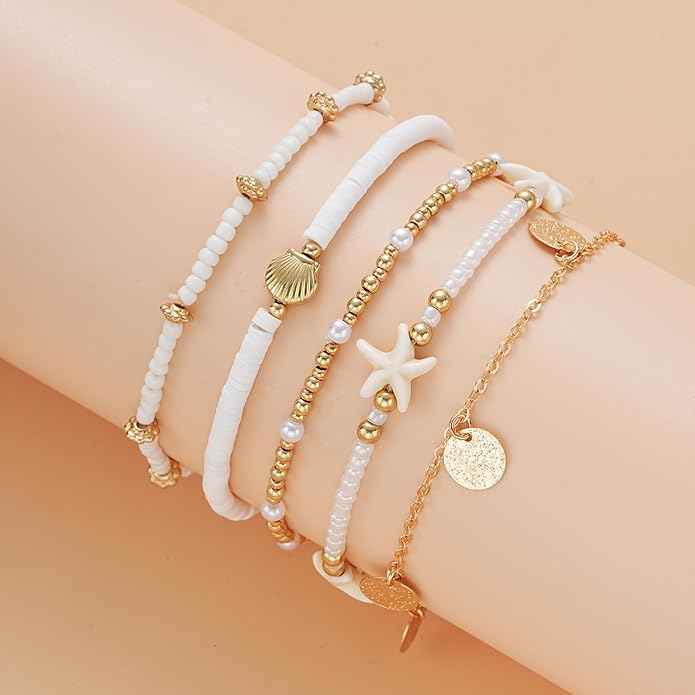 iF YOU Gold Ankle Bracelets for Women, 14k Gold Plated Waterproof Cuban Link Chain Anklets Set, Layered Anklet Bracelets for Women Beach Gift Adjustable Size 5pc