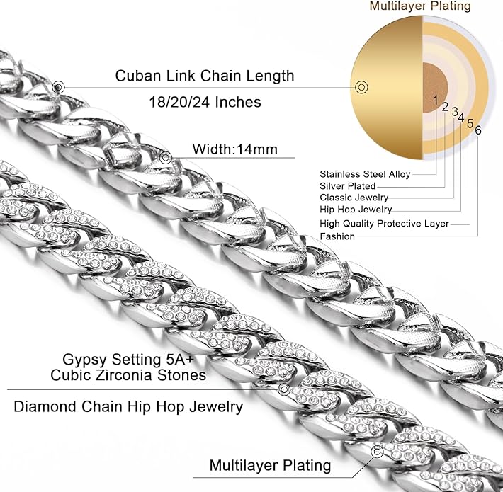 Saintda Cuban Link Chain and Bracelet Set for Men Women Iced Out Diamond Gift for Boys Hip Hop Rapper Jewelry