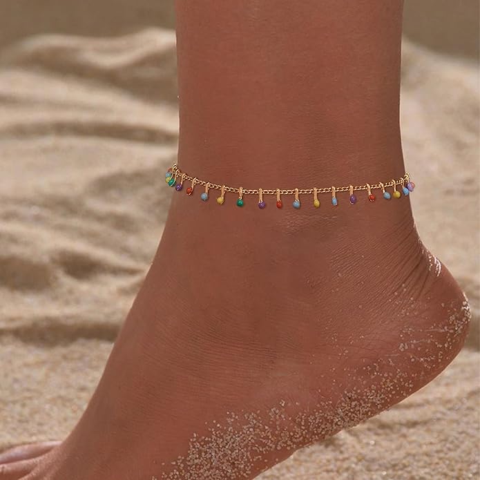 MTMY Gold Anklets for Women 14K Gold Plated Tiny Bead Anklet Colorful Tassel Foot Chain Dainty Adjustable Cute Summer Beach Boho Anklets Jewelry Gift