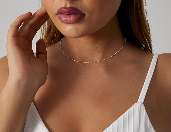 14K Gold Necklace for Women, Womens Dainty Chain Necklace Plated Shining Dots Satellite Choker Box Chain, Women Layering Necklaces