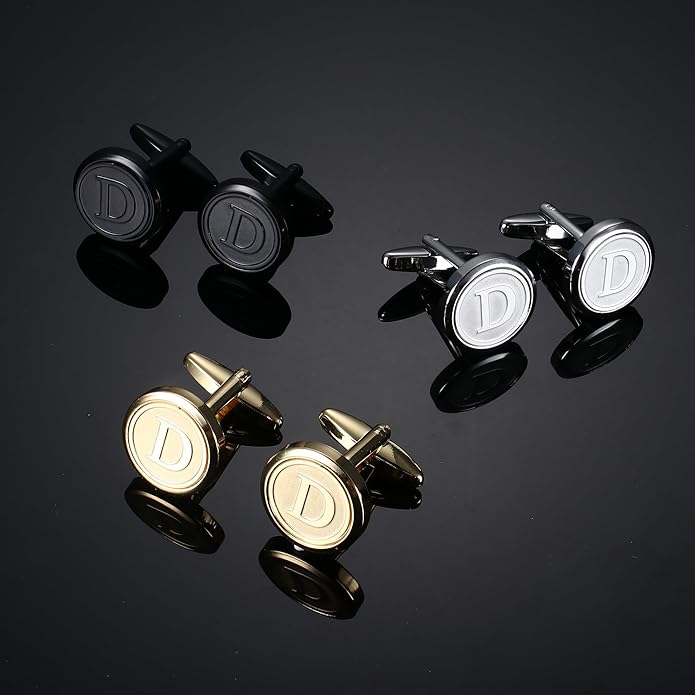 LOLIAS 3 Pairs Initial Cufflinks For Men Classic Mens CuffLinks Set Letter Cuff Links for Casual to Formal with Gift Box Silver Black 14K gold plated Cufflinks for Father Husband