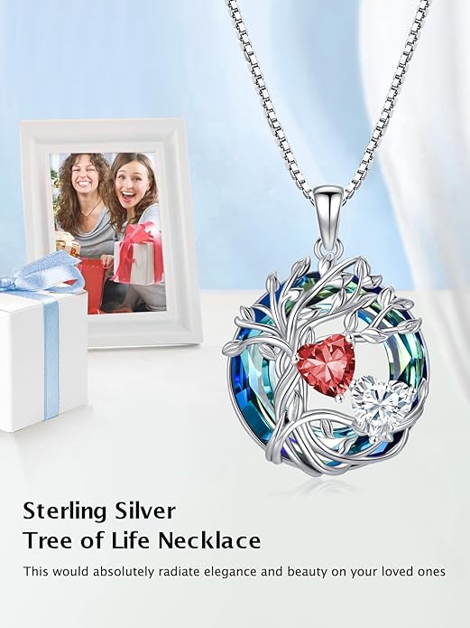 TOUPOP s925 Sterling Silver Family Celtic Tree of Life Pendant Necklaces with 2 Heart Birthstone with Blue Austrian Crystal Jewelry Birthday Anniversary Christmas Gifts for Her Wife Girlfriend Mom (18K Real White Gold Filled)