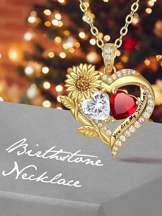 Sunflower Heart Necklace for Women 14K Gold Exquisite Anniversary Birthday Gifts for Wife Mother Her Double Birthstone Pendant jewelry‘You Are My Sunshine’