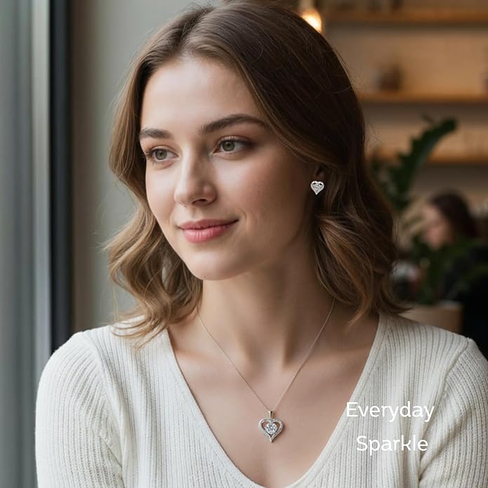 LOVE&LOVE Moissanite Stud Earrings for Women, Classic Round & Heart Designs,18K White Gold Plated Silver, Sparkly Hypoallergenic Gift, Birthday Anniversary Christmas Valentines