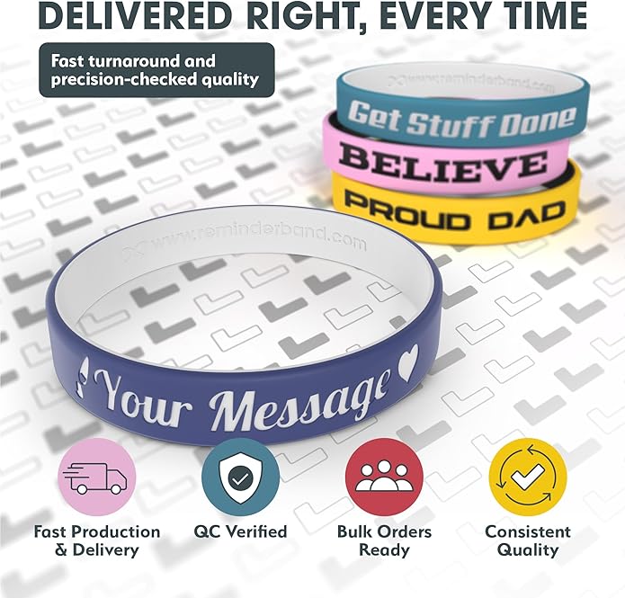 Reminderband Custom 100% Silicone Luxe Wristbands – Personalized Motivational Bracelets, Bulk Rubber Bands for Events, Fundraisers, Awareness, Gifts - Hypoallergenic Bands