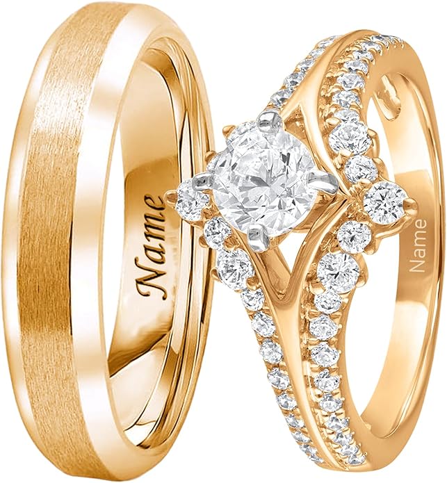 Rikelus Moissanite Engagement Ring Sets for Couples,10K 14K 18K Solid Gold Heart/Princess/Round Cut Bridal Ring Sets,Customized Matching Wedding Bands Set for Men and Women Free Engraving