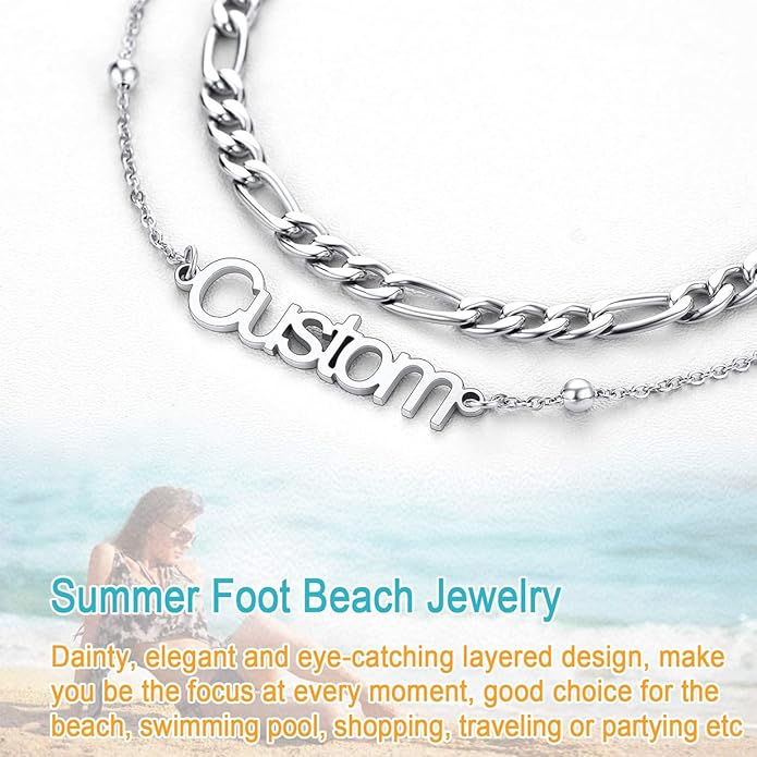 U7 Custom Layered Ankle Bracelets for Women Stainless Steel Bead/Cuban/Figaro/Rope/Wheat Chain Anklet Waterproof Anklet Jewelry for Beach Vacation