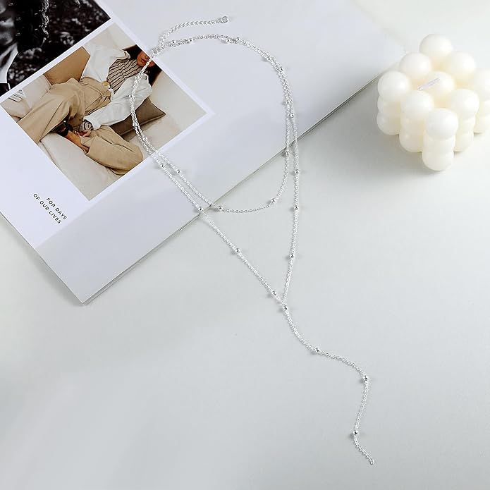 Foxgirl Lariat Gold Necklace for Women, Dainty Long Necklace 14k Gold Plated/Silver Y-Shaped Pendant Necklace Trendy Layered Cz Beaded Chain Drop Necklaces Simple Gold Jewelry For Women Gift