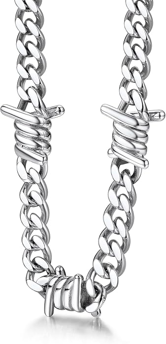 Bestyle Barbed Wire Necklace 5/7/9/12mm Mens Chain Necklaces Hip-hop Punk Gothic Stainless Steel Chain Heavy Thick Cuban Link Chain for Men Women, Length 16/18/20 Inch