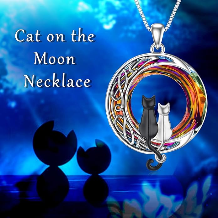 TOUPOP Christmas Cat Gifts for Cats Lovers One Two Three Four Cats Necklace Sterling Silver Cats on the Moon Pendant Necklace with Blue Circle Crystal Birthday Christmas Celtic Jewelry Gifts for Women