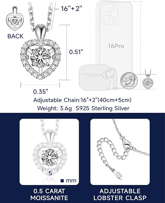 MomentWish Necklace for Women, Sparkling Gift for Her, 1Carat Moissanite Heart Pendent for Her, 925 Sterling Silver Dance Necklace for Anniversary Christmas Valentines